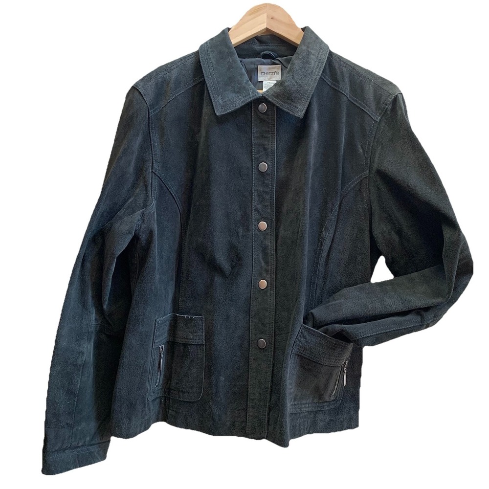 Chico's Suede Jacket Black 100% Leather Collared Snaps Pockets Lined Size 3